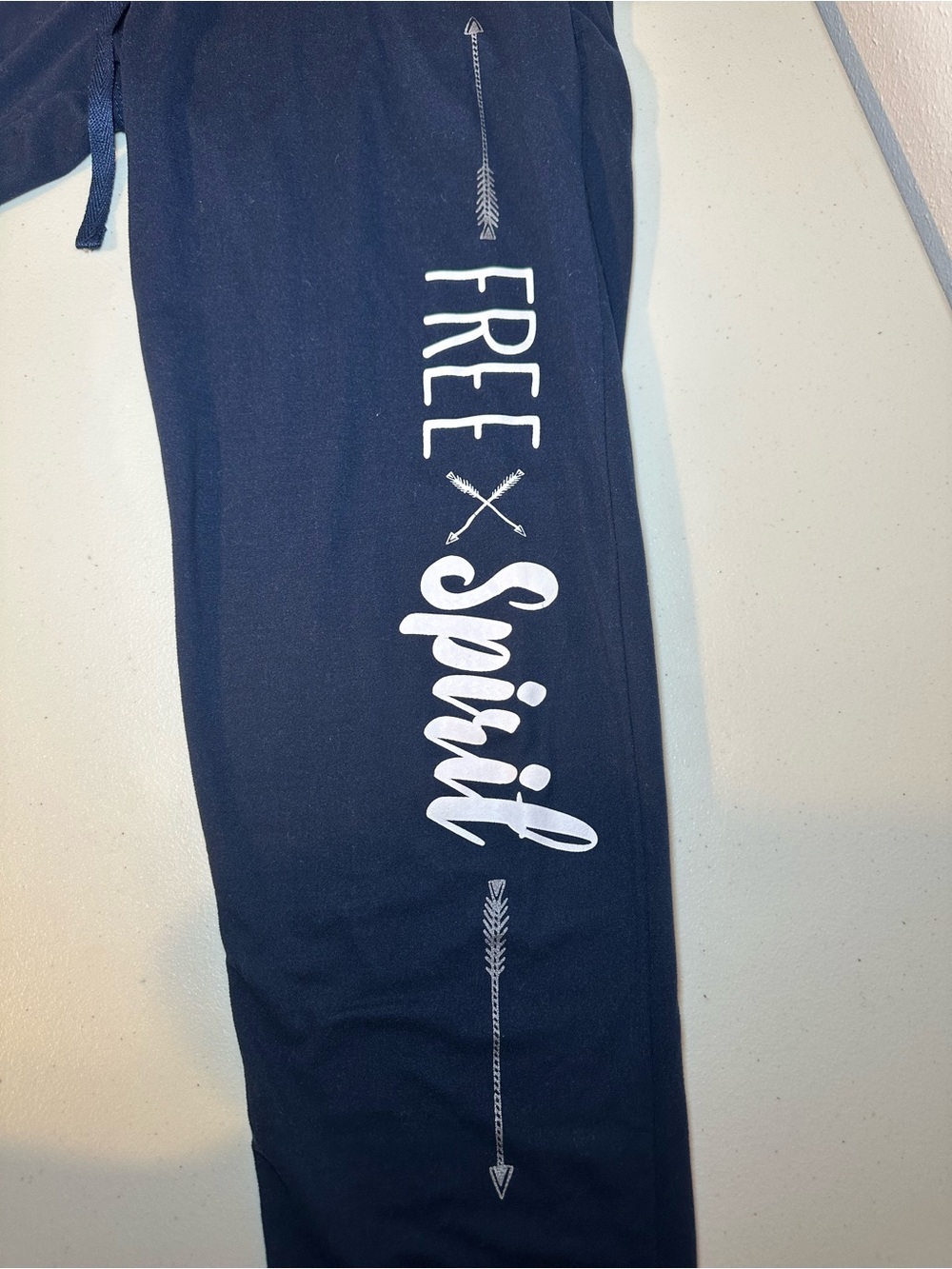 Hot Kiss Navy Pajama Leggings with White "Free Spirit" Graphic